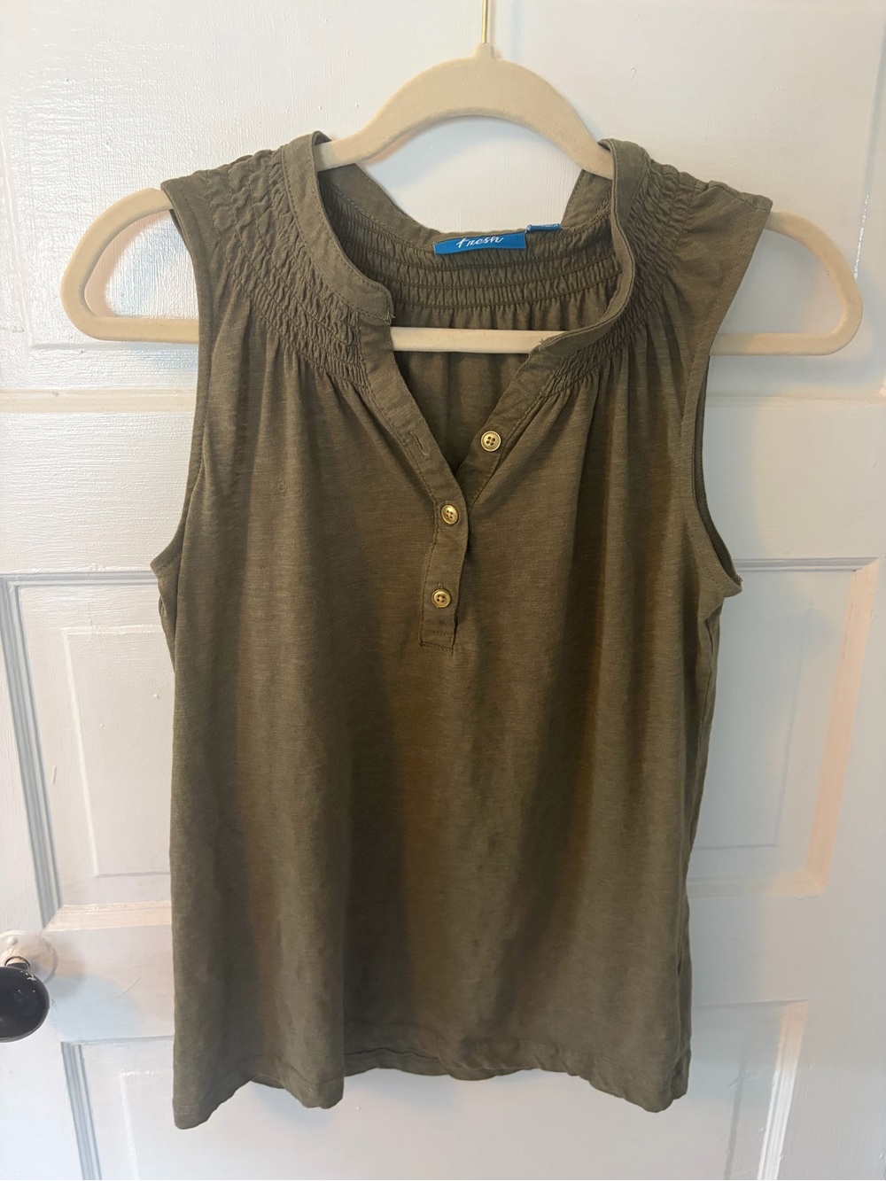 fresh Olive Green Sleeveless Smocked Henley Tank